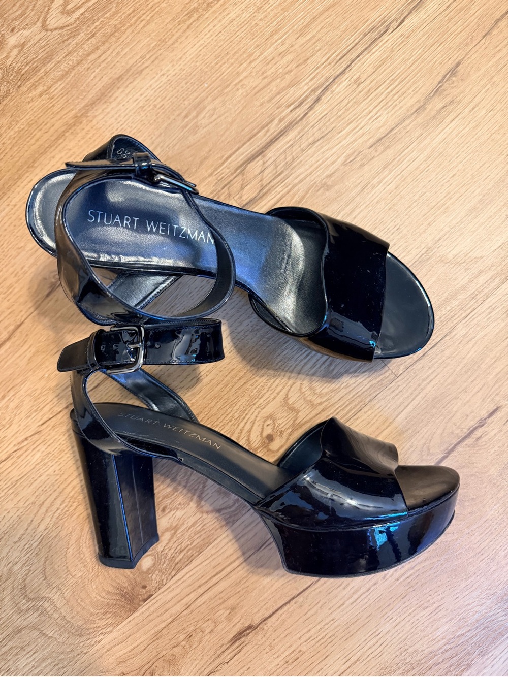 Stuart Weitzman Black Patent Platform Sandals with Ankle Strap Size 8.5